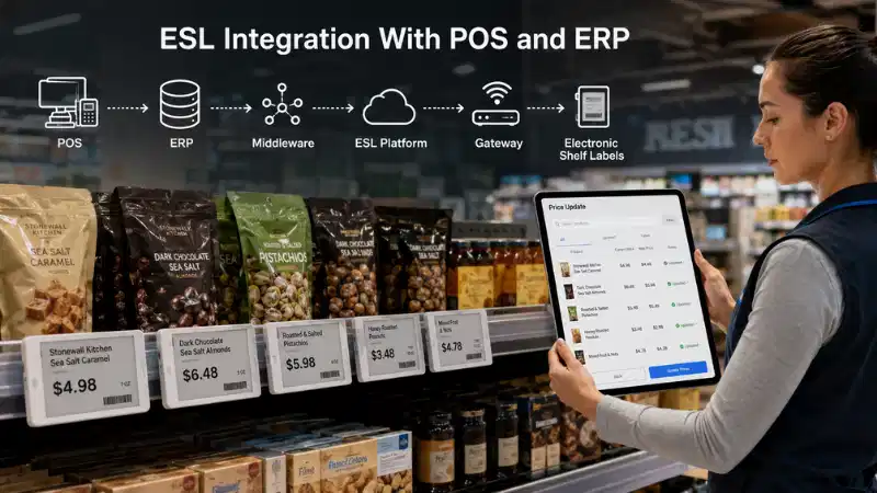 Integrimi elektronik i etiketës së rafteve me POS dhe ERP: API, harta e të dhënave, trajtimi i ga...