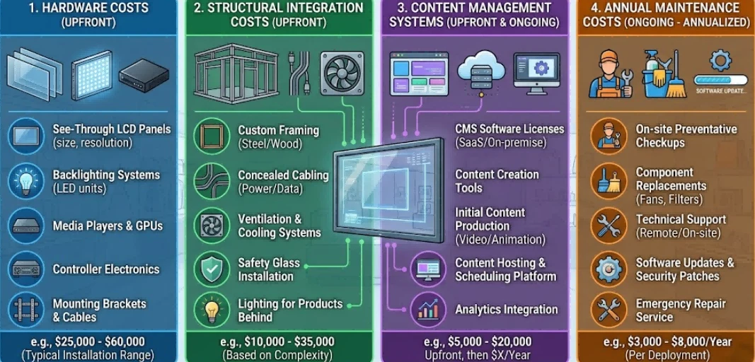 Cost breakdown of a see through LCD screen deployment including hardware, structural integration, content management systems, and annual maintenance for retail stores