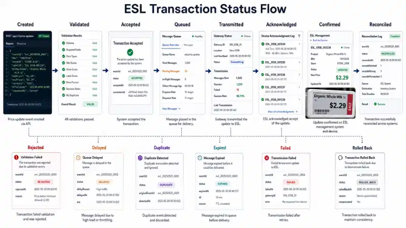 Electronic shelf label transaction status from validation and queueing to confirmation and reconciliation